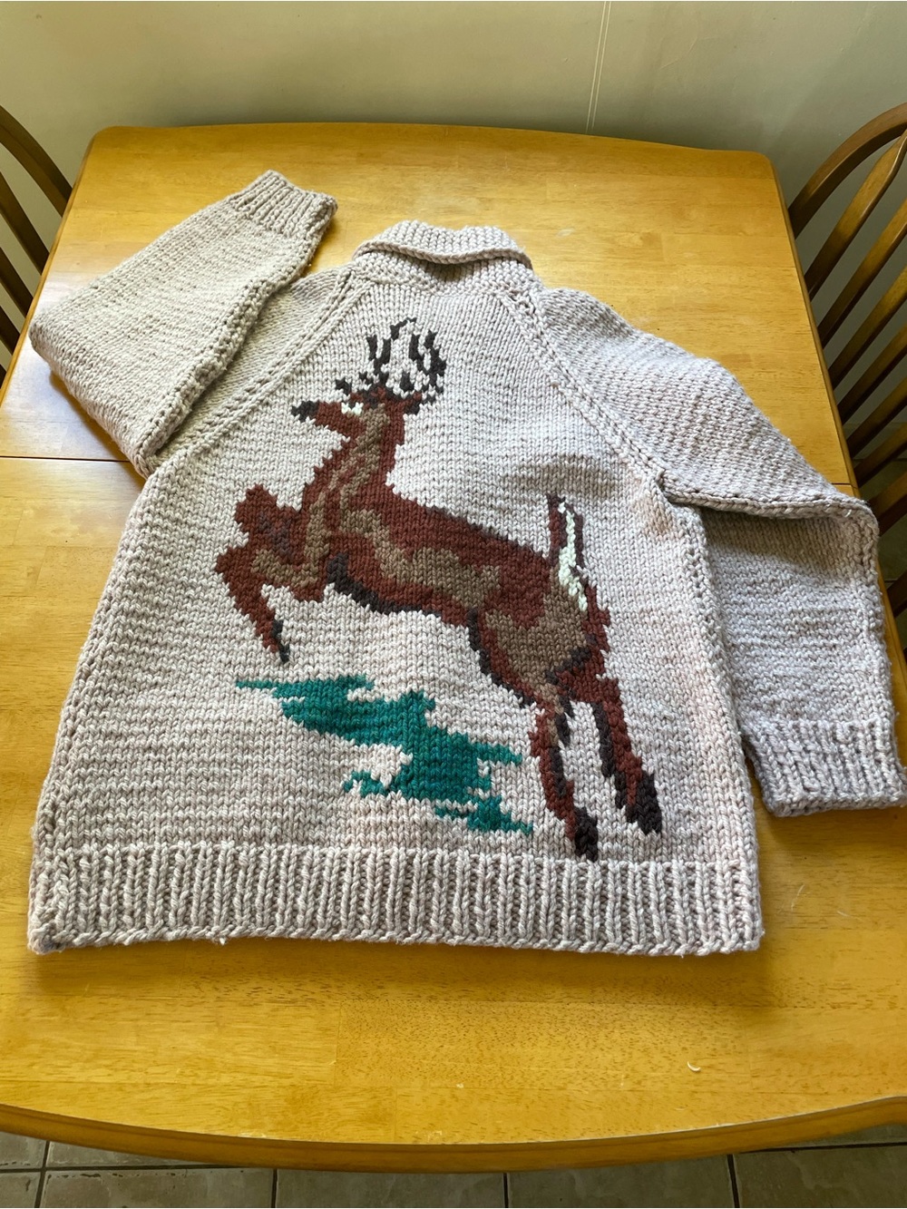Vintage 70s Cowichan deer hand Knit Chunky  Cardigan Sweater LARGE L/xl